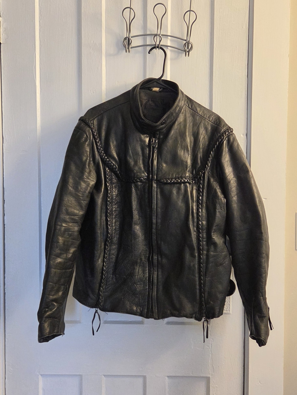 Authentic Black Leather Braid-Trim Motorcycle Jacket
